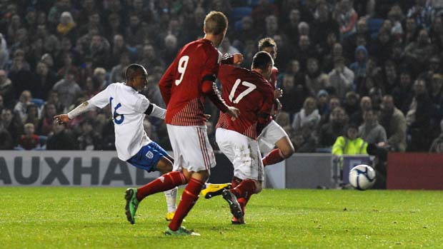 Robert Hall strikes home the winner for England U19s against Denmark.